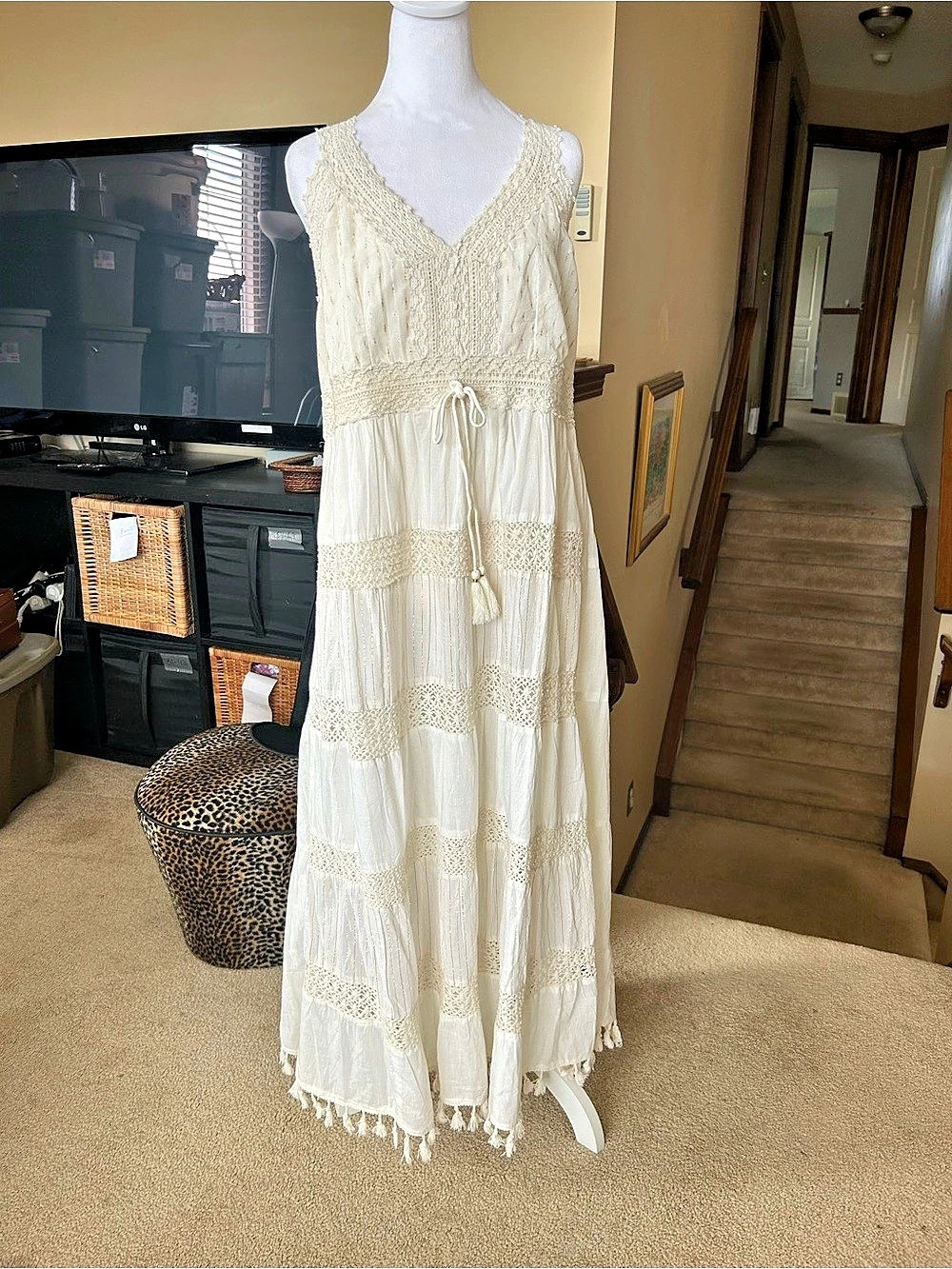 Bohemian sleeveless Cotton Maxi Dress in Cream Crochet/tassel detail Size XXL L